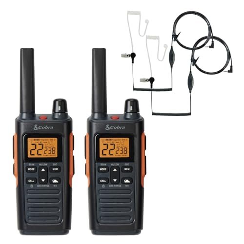 Cobra RX680 2-Pack Walkie Talkies & Compatible Cobra GA-SV01 2P Surveillance Headset Microphones: Rugged & Splashproof Two-Way Radios, Rechargeable, 60 Preset Channels, 38-Mile Range, Black/Orange