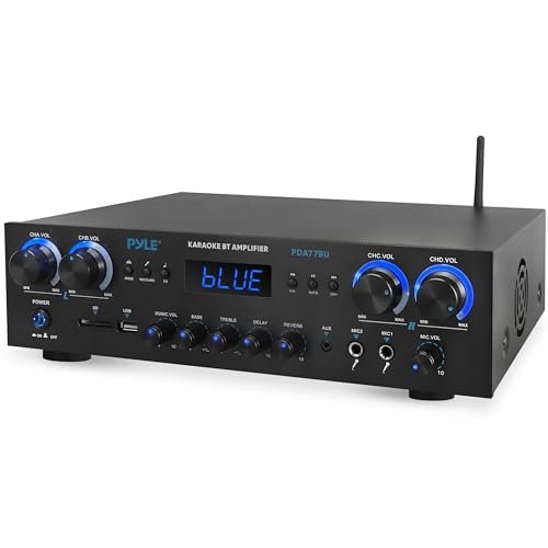 Pyle Home Stereo Receiver with Bluetooth - 4 Channel Amplifier, 800 Watt Max, USB-A Input w MP3 Player, Easy Karaoke Setup with Mic Vol, Reverb and Delay, RCA in/Out, SD Card, FM Radio - PDA77BU